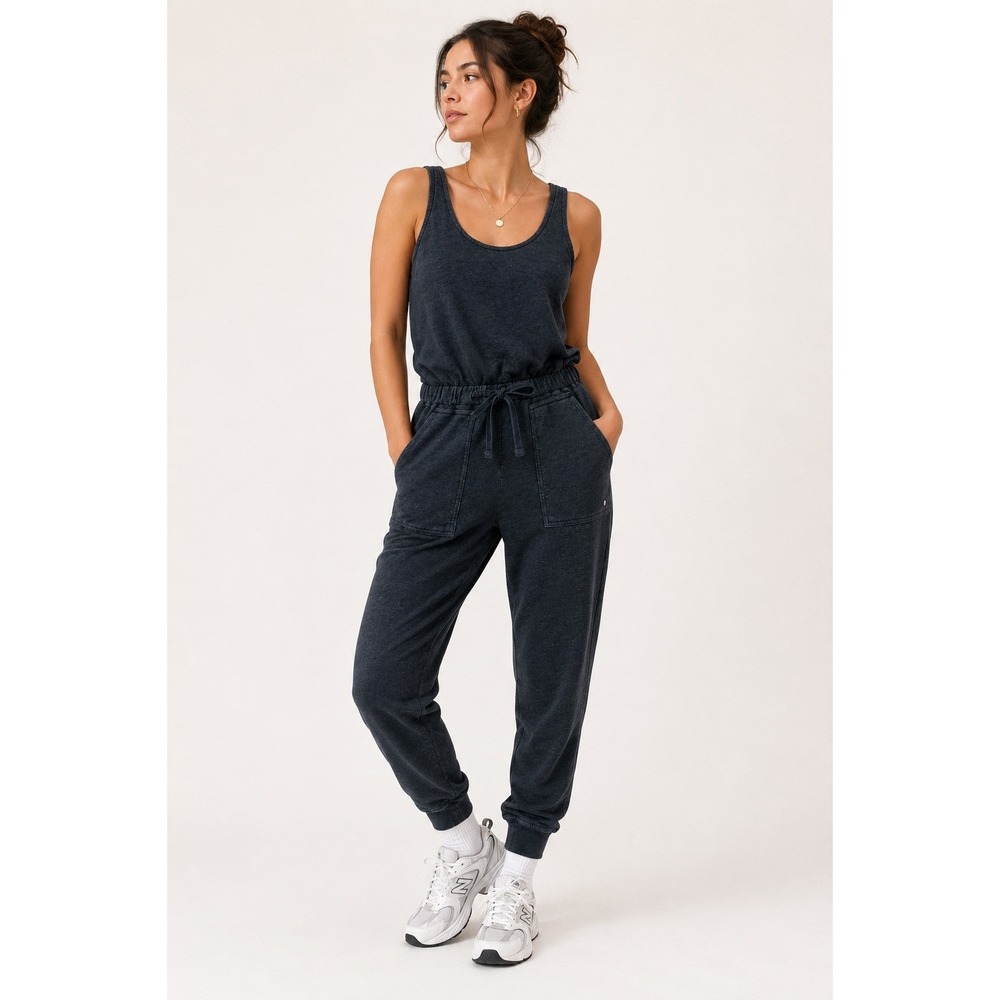 prAna Cozy Up Jumpsuit Women XS Charcoal‎ Heather Hemp Blend Sleeveless Jogger